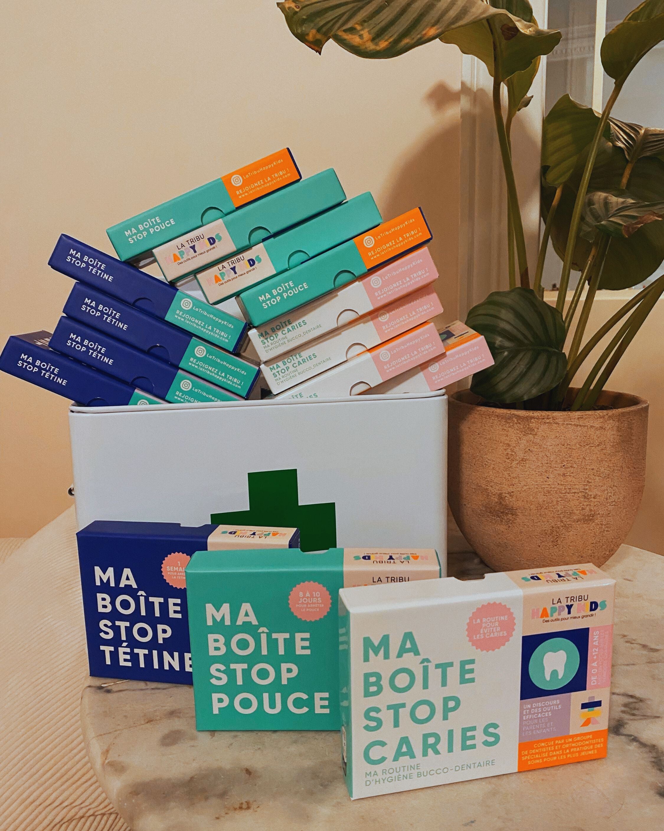 Boîtes Stop Pouce, Stop Tétine et Stop Caries, lot je me lance pour les pharmacies